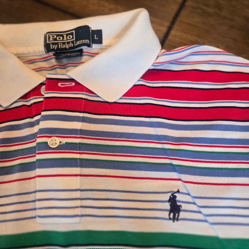 Polo Ralph Lauren Mens Large Pima Cotton Striped Polo Shirt Red Green Blue White - Picture 1 of 7